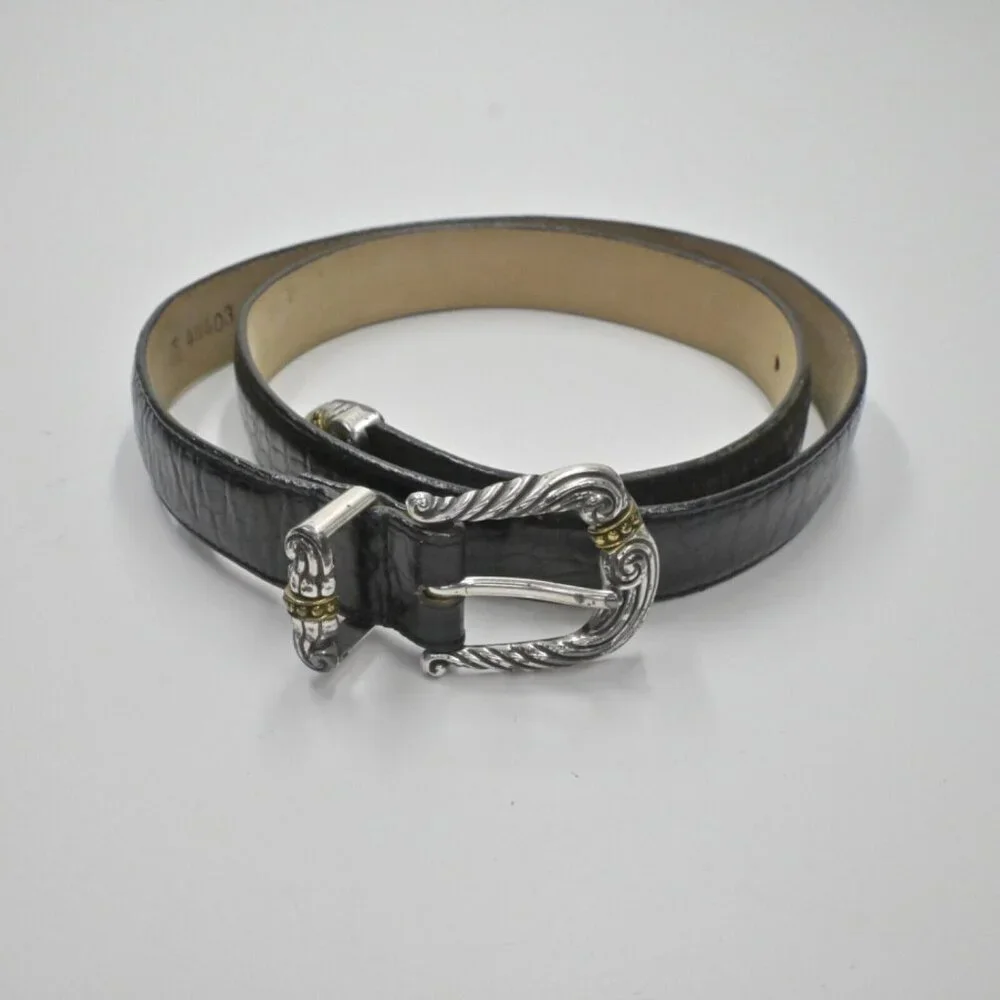 Vtg BRIGHTON Belt Womens Size L/34 Black Croc Embossed Leather Mix Metal Buckle - Picture 2 of 10